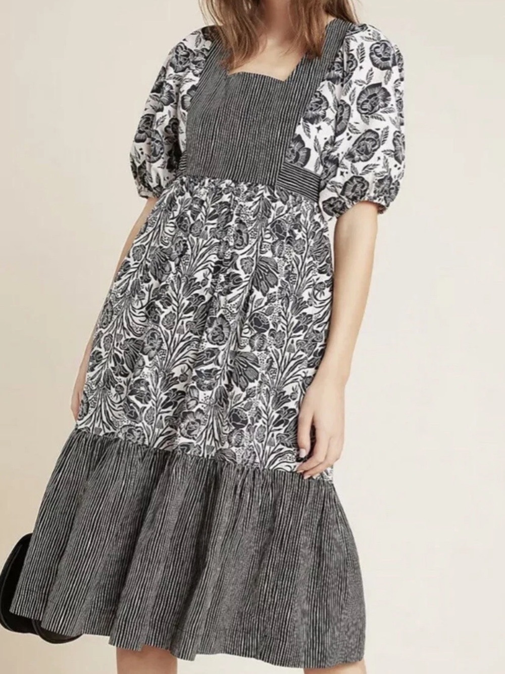 Anthropologie Bloomingprint gray white puff sleeve midi patterned dress size 8